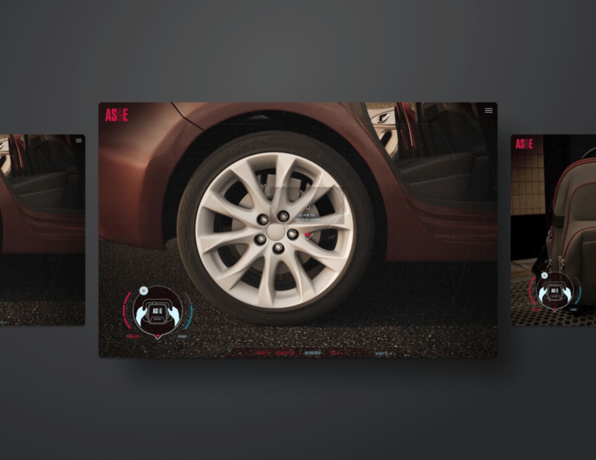A screenshot of the interactive scanning interface in the Meet Mini Z demo experience. It is centered on a closeup of a car wheel, with overlay text of Click to initiate scan. In the corner of the screen is a graphic with progress indicators for Threats and Rank, and a menu along the bottom of the screen displays other game location options. Two other screenshots of the scanning interface are partially visible to either side of the main image.